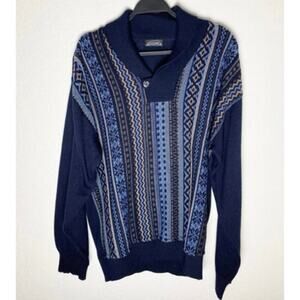 Vintage Men's Cooper Pullover Shawl Collar Wool Blend Blue Pattern Sweater 90s M